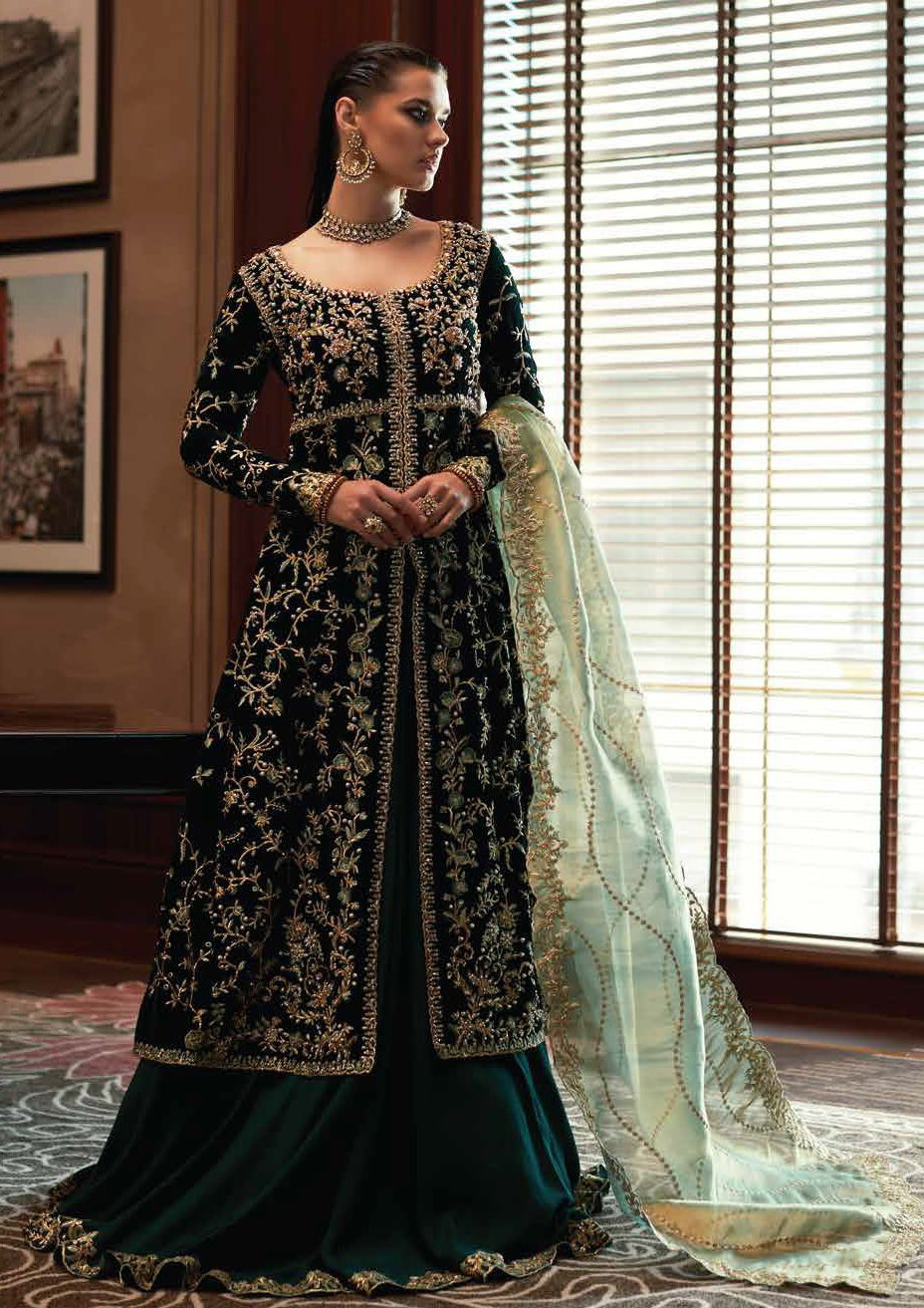 MUSHQ Luxury Velvet Mirage Embroidered velvet micro 5000 shirtWith stitched daman lace Embroidered 4 sided net ready to wear duppata Embroidered micro 5000 sleeves Plain velvet Backside jacqurs palazzo