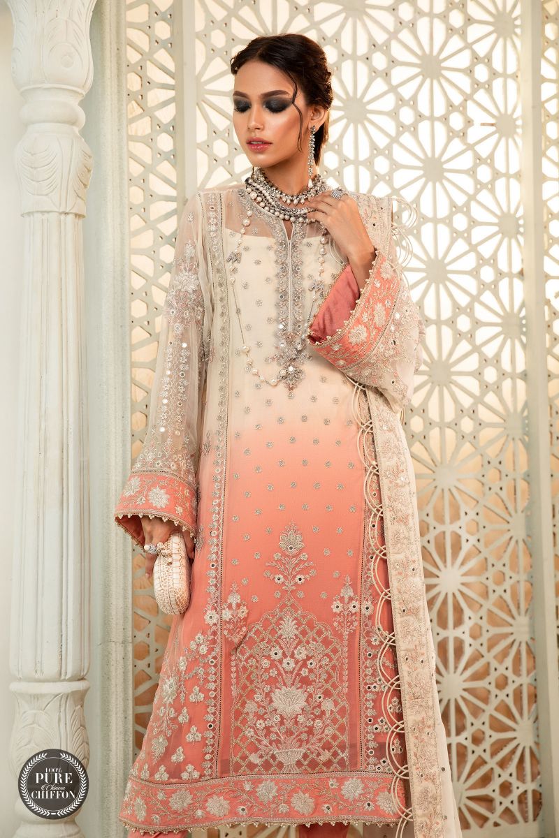 Maria b Chiffon - MPC-22-208-Cream and Coral Pink