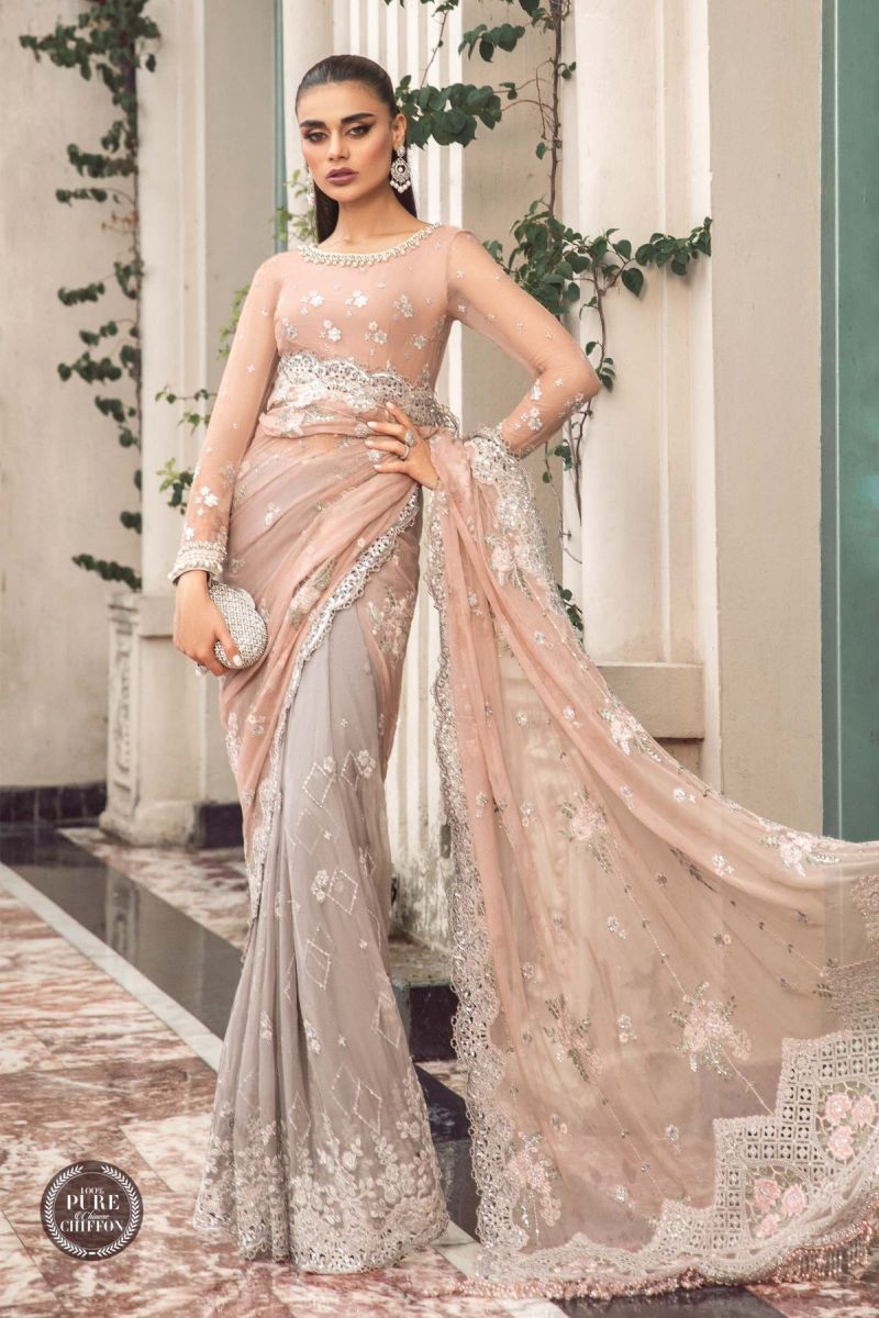 Maria B Chiffon Saree Peach And Grey MPC-23-105
